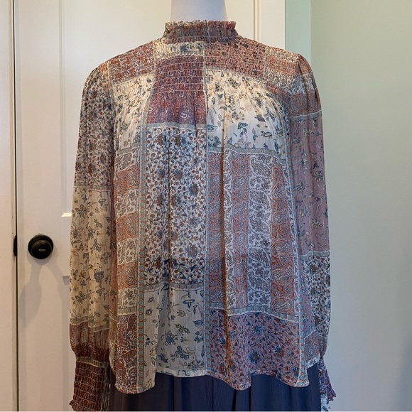 Sheer Smocked Patchwork Long Sleeve Mock Neck Blouse - Size M - Picture 2 of 10